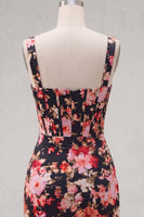 Laden Sie das Bild in den Galerie-Viewer, Schwarzes, rosafarbenes Blumen-Enges kurzes, dickes Korsett-Kleid zum Homecoming-Abend mit Rüschen