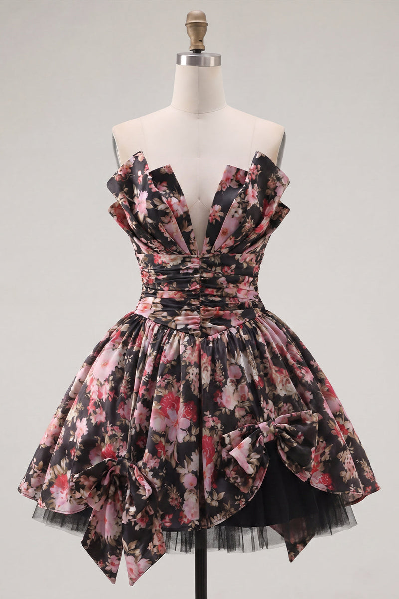 Laden Sie das Bild in den Galerie-Viewer, Schwarze Pink Flower A-Linie V-Ausschnitt, gerafftes kurzes Homecoming-Kleid mit Schleifen