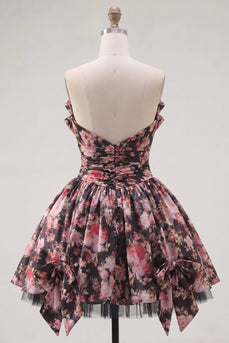 Schwarze Pink Flower A-Linie V-Ausschnitt, gerafftes kurzes Homecoming-Kleid mit Schleifen