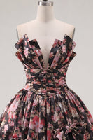 Laden Sie das Bild in den Galerie-Viewer, Schwarze Pink Flower A-Linie V-Ausschnitt, gerafftes kurzes Homecoming-Kleid mit Schleifen
