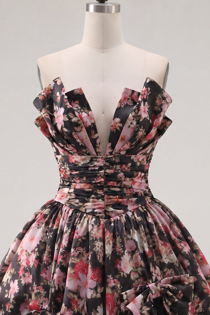 Laden Sie das Bild in den Galerie-Viewer, Schwarze Pink Flower A-Linie V-Ausschnitt, gerafftes kurzes Homecoming-Kleid mit Schleifen