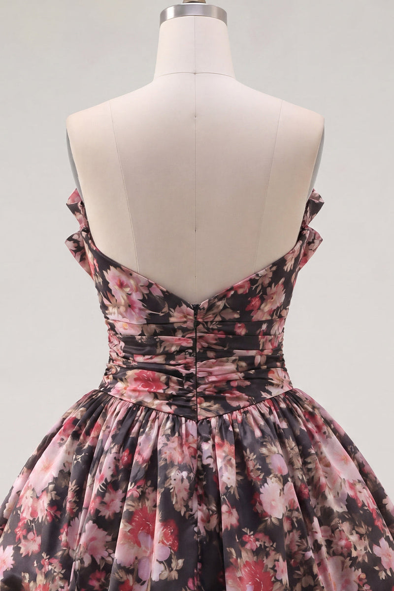 Laden Sie das Bild in den Galerie-Viewer, Schwarze Pink Flower A-Linie V-Ausschnitt, gerafftes kurzes Homecoming-Kleid mit Schleifen