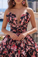 Laden Sie das Bild in den Galerie-Viewer, Schwarze Pink Flower A-Linie V-Ausschnitt, gerafftes kurzes Homecoming-Kleid mit Schleifen