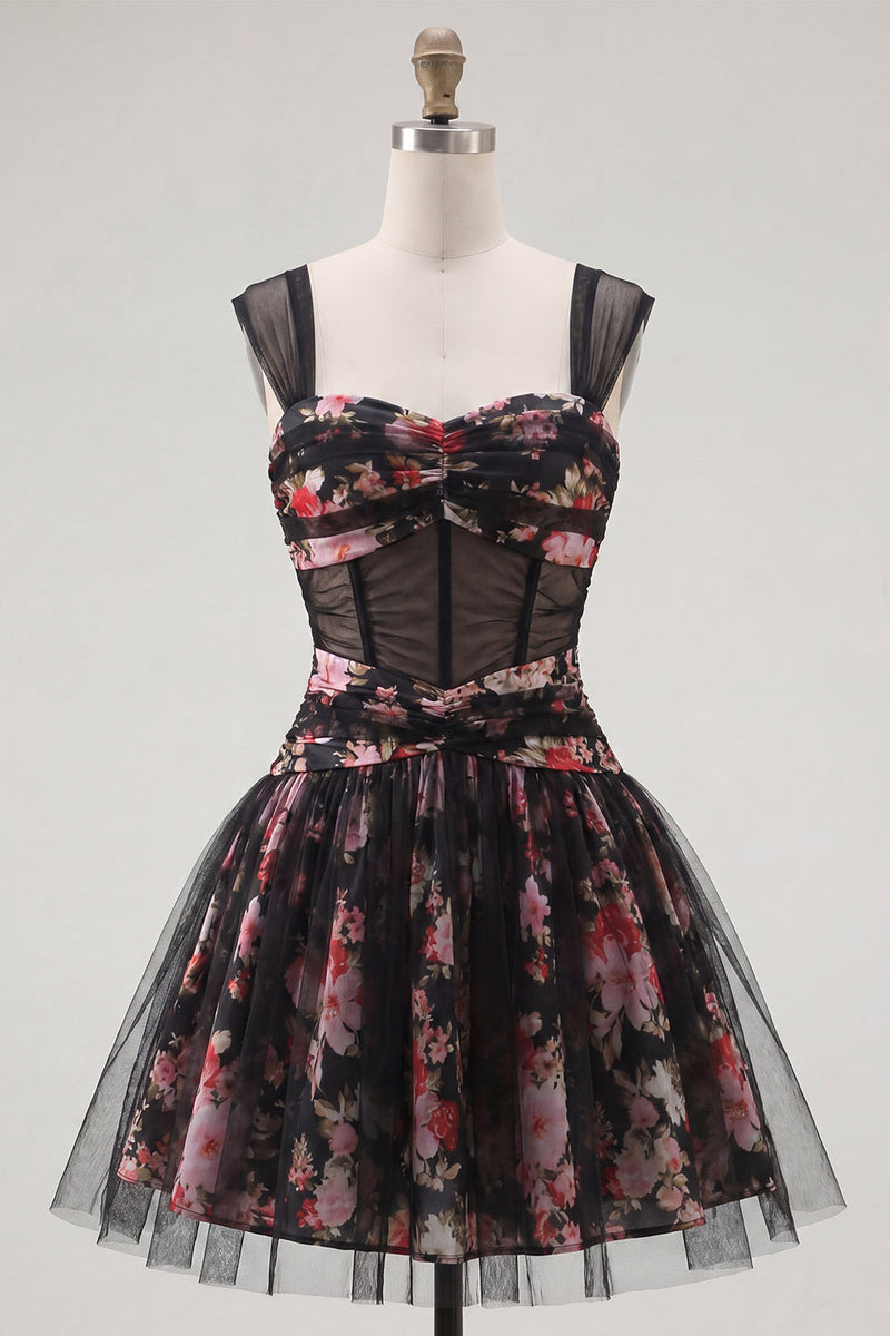 Laden Sie das Bild in den Galerie-Viewer, Schwarzes, pinkes, geblümtes A-Linie, gerafftes, kurzes Korsett-Homecoming-Kleid