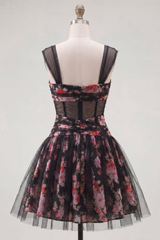 Schwarzes, pinkes, geblümtes A-Linie, gerafftes, kurzes Korsett-Homecoming-Kleid