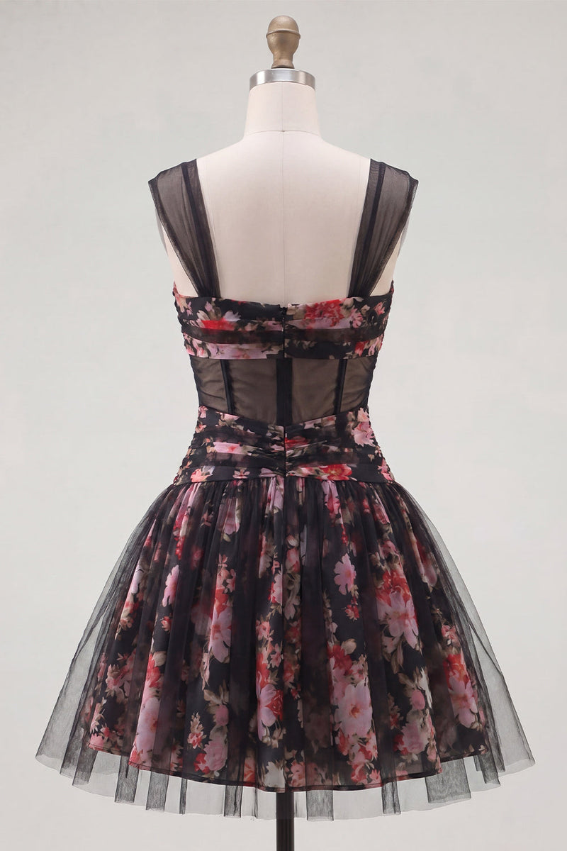 Laden Sie das Bild in den Galerie-Viewer, Schwarzes, pinkes, geblümtes A-Linie, gerafftes, kurzes Korsett-Homecoming-Kleid