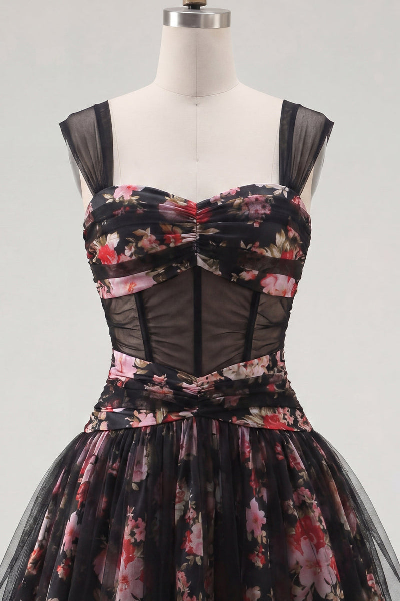 Laden Sie das Bild in den Galerie-Viewer, Schwarzes, pinkes, geblümtes A-Linie, gerafftes, kurzes Korsett-Homecoming-Kleid