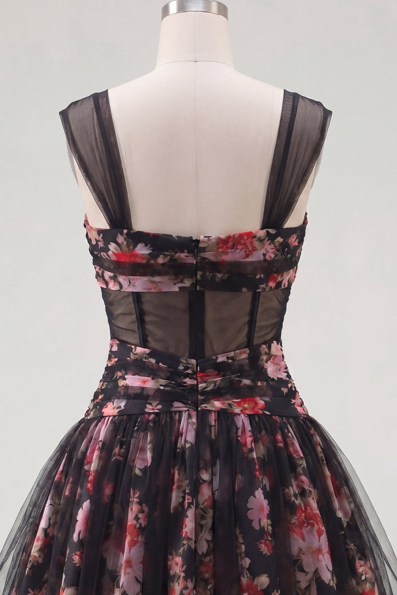 Laden Sie das Bild in den Galerie-Viewer, Schwarzes, pinkes, geblümtes A-Linie, gerafftes, kurzes Korsett-Homecoming-Kleid