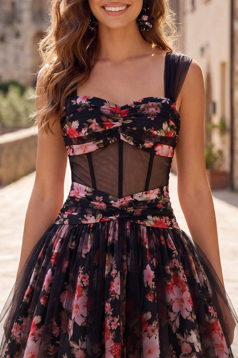 Laden Sie das Bild in den Galerie-Viewer, Schwarzes, pinkes, geblümtes A-Linie, gerafftes, kurzes Korsett-Homecoming-Kleid