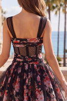 Laden Sie das Bild in den Galerie-Viewer, Schwarzes, pinkes, geblümtes A-Linie, gerafftes, kurzes Korsett-Homecoming-Kleid