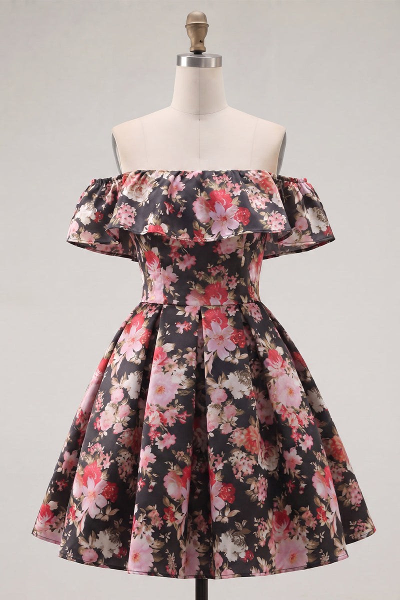 Laden Sie das Bild in den Galerie-Viewer, Schwarze rosa Blume – ein schulterloses kurzes Homecoming-Kleid