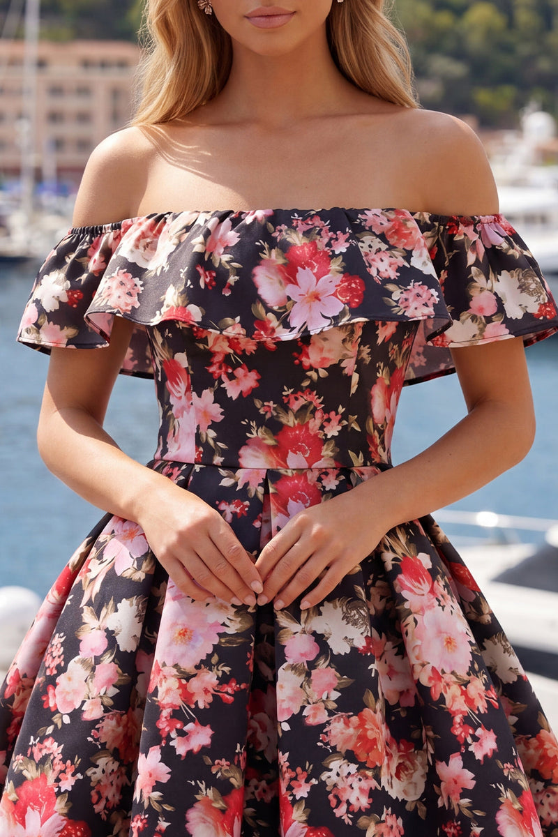 Laden Sie das Bild in den Galerie-Viewer, Schwarze rosa Blume – ein schulterloses kurzes Homecoming-Kleid