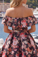 Laden Sie das Bild in den Galerie-Viewer, Schwarze rosa Blume – ein schulterloses kurzes Homecoming-Kleid