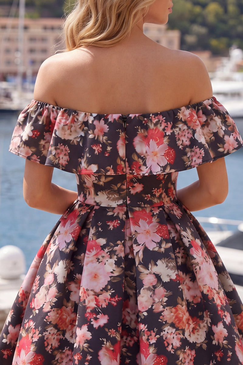 Laden Sie das Bild in den Galerie-Viewer, Schwarze rosa Blume – ein schulterloses kurzes Homecoming-Kleid