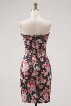 Schwarzes, rosafarbenes, blumiges Trägerloses, gerafftes, enges Korsett, Heimkehrkleid