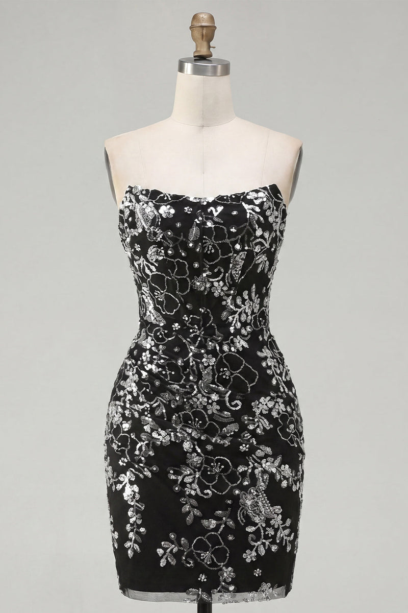 Laden Sie das Bild in den Galerie-Viewer, Glitzerndes schwarzes, gerafftes, blumiges, enges kurzes, trägerloses Homecoming-Kleid mit Pailletten