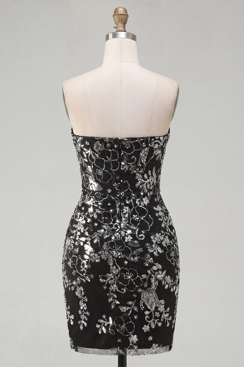 Laden Sie das Bild in den Galerie-Viewer, Glitzerndes schwarzes, gerafftes, blumiges, enges kurzes, trägerloses Homecoming-Kleid mit Pailletten