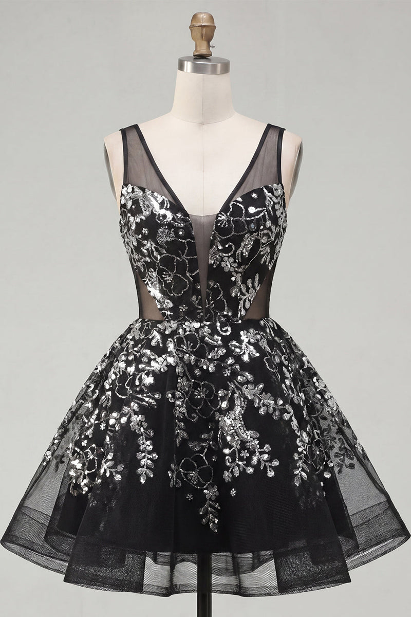 Laden Sie das Bild in den Galerie-Viewer, Blumeniges, glitzerndes schwarzes Pailletten-A-Linien-Kurzes Homecoming-Kleid