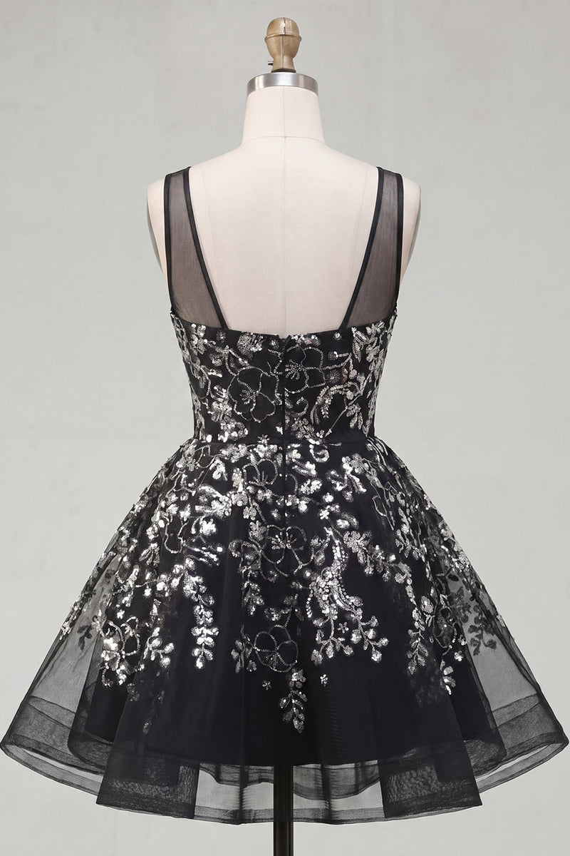 Laden Sie das Bild in den Galerie-Viewer, Blumeniges, glitzerndes schwarzes Pailletten-A-Linien-Kurzes Homecoming-Kleid