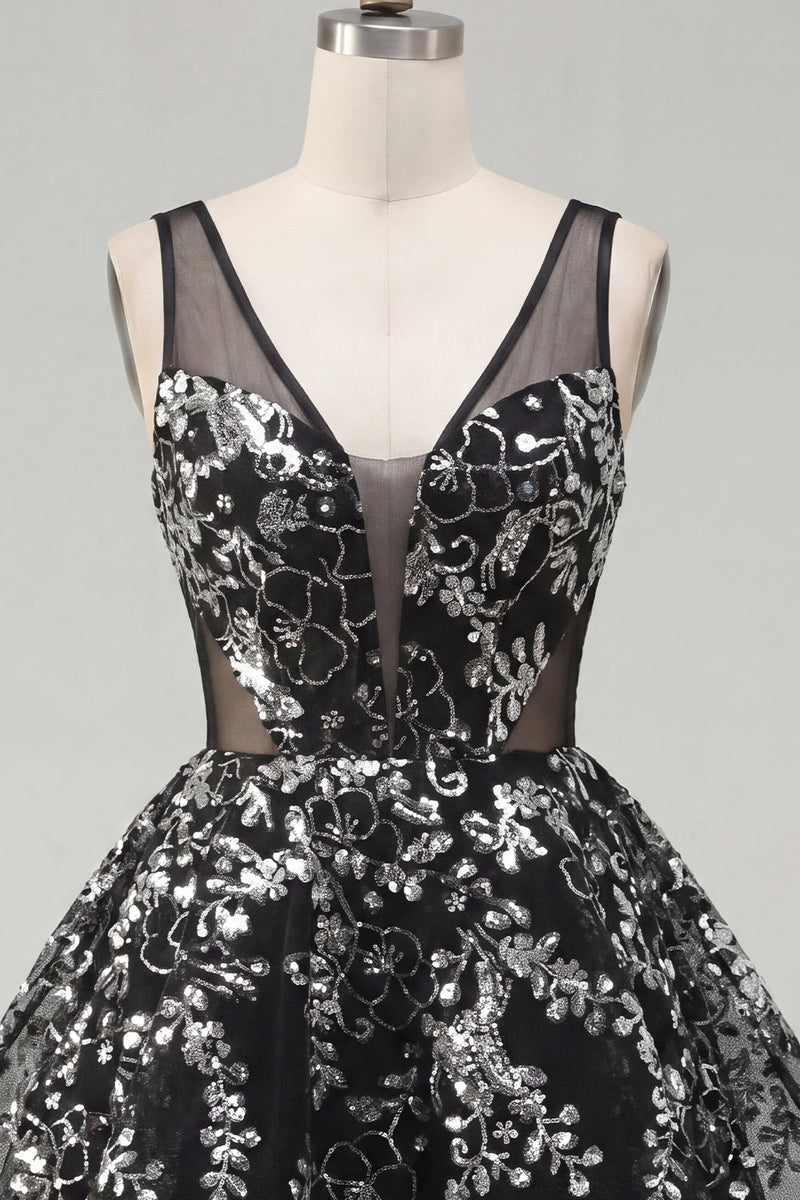 Laden Sie das Bild in den Galerie-Viewer, Blumeniges, glitzerndes schwarzes Pailletten-A-Linien-Kurzes Homecoming-Kleid