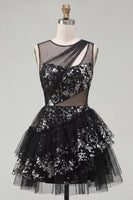 Laden Sie das Bild in den Galerie-Viewer, Blumiges glitzerndes schwarzes Schlüsselloch A-Linie Pailletten-Kurzes Homecoming-Kleid