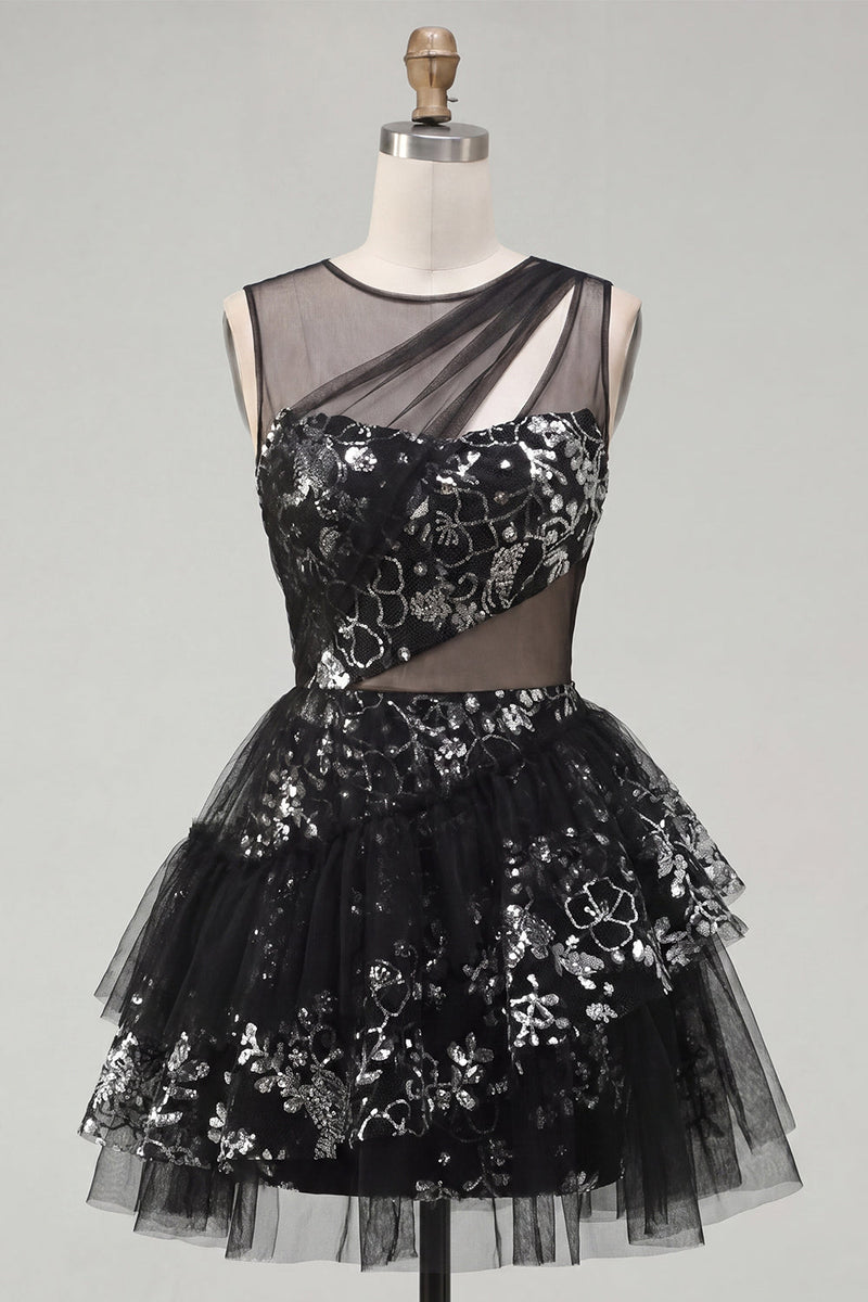 Laden Sie das Bild in den Galerie-Viewer, Blumiges glitzerndes schwarzes Schlüsselloch A-Linie Pailletten-Kurzes Homecoming-Kleid