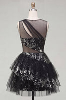 Laden Sie das Bild in den Galerie-Viewer, Blumiges glitzerndes schwarzes Schlüsselloch A-Linie Pailletten-Kurzes Homecoming-Kleid