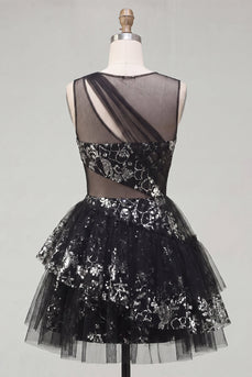 Blumiges glitzerndes schwarzes Schlüsselloch A-Linie Pailletten-Kurzes Homecoming-Kleid