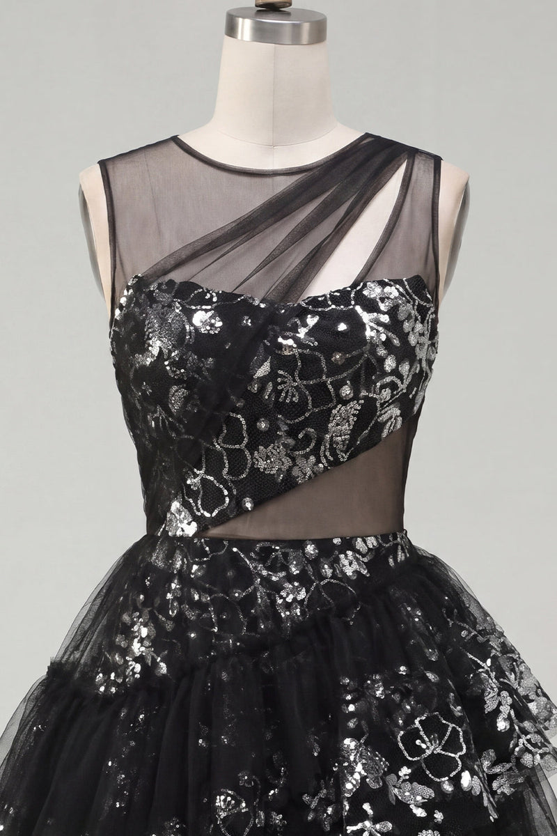 Laden Sie das Bild in den Galerie-Viewer, Blumiges glitzerndes schwarzes Schlüsselloch A-Linie Pailletten-Kurzes Homecoming-Kleid