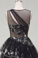 Laden Sie das Bild in den Galerie-Viewer, Blumiges glitzerndes schwarzes Schlüsselloch A-Linie Pailletten-Kurzes Homecoming-Kleid
