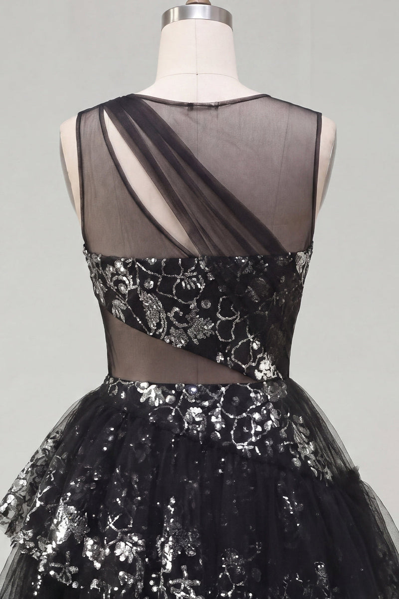 Laden Sie das Bild in den Galerie-Viewer, Blumiges glitzerndes schwarzes Schlüsselloch A-Linie Pailletten-Kurzes Homecoming-Kleid