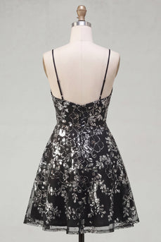 Glitzerndes schwarzes Spaghetti-Träger – geblümtes kurzes Pailletten-A-Linie Homecoming-Kleid