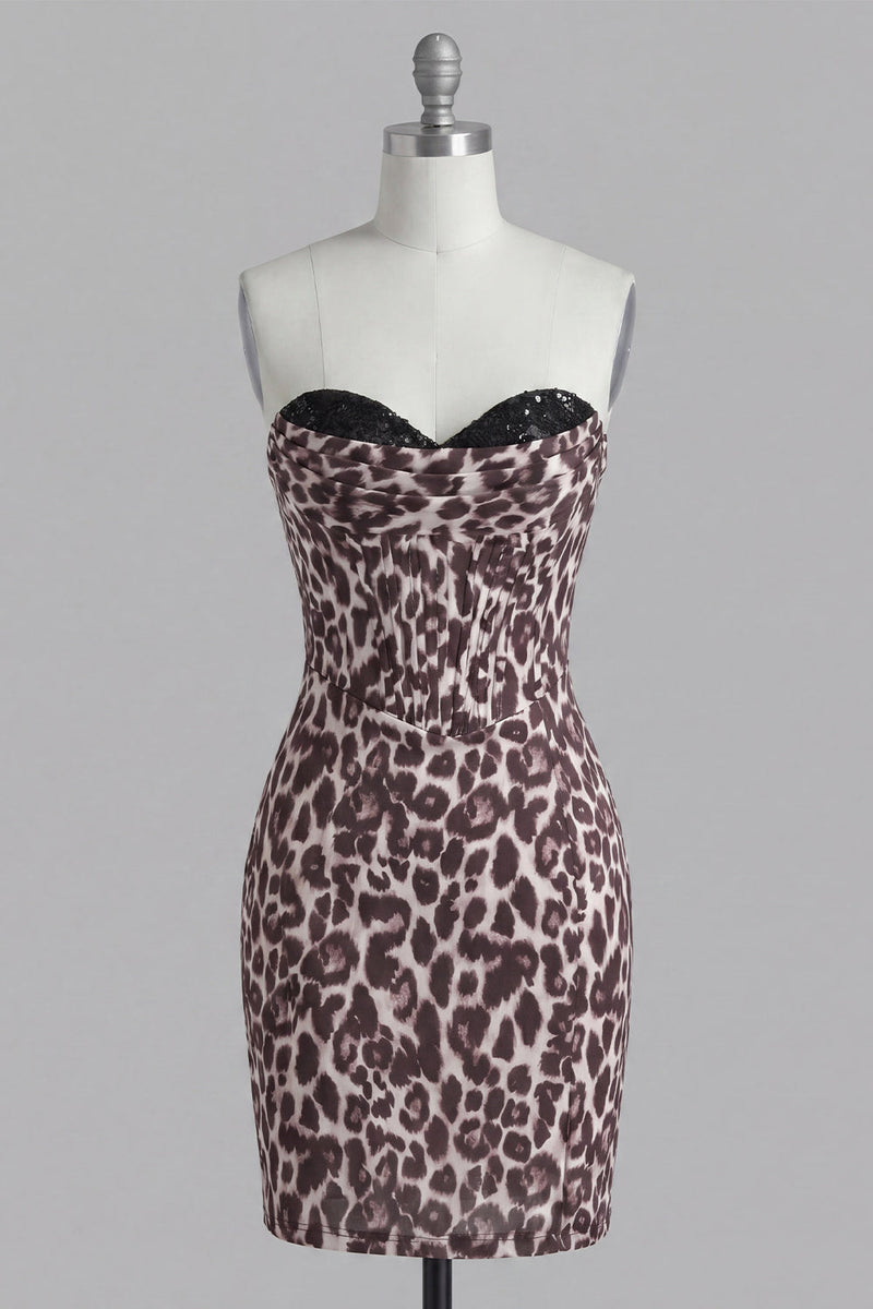 Laden Sie das Bild in den Galerie-Viewer, Kaffeelopardenmuster, gerafftes, enges Korsett-Homecoming-Kleid mit Ärmel und Perlen