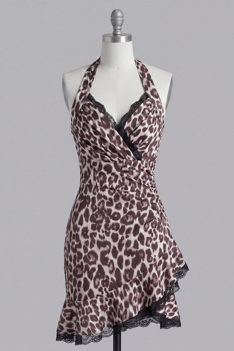 Laden Sie das Bild in den Galerie-Viewer, Kurzes, enges Homecoming-Kleid mit Neckholder-Leopardenmuster mit Spitze
