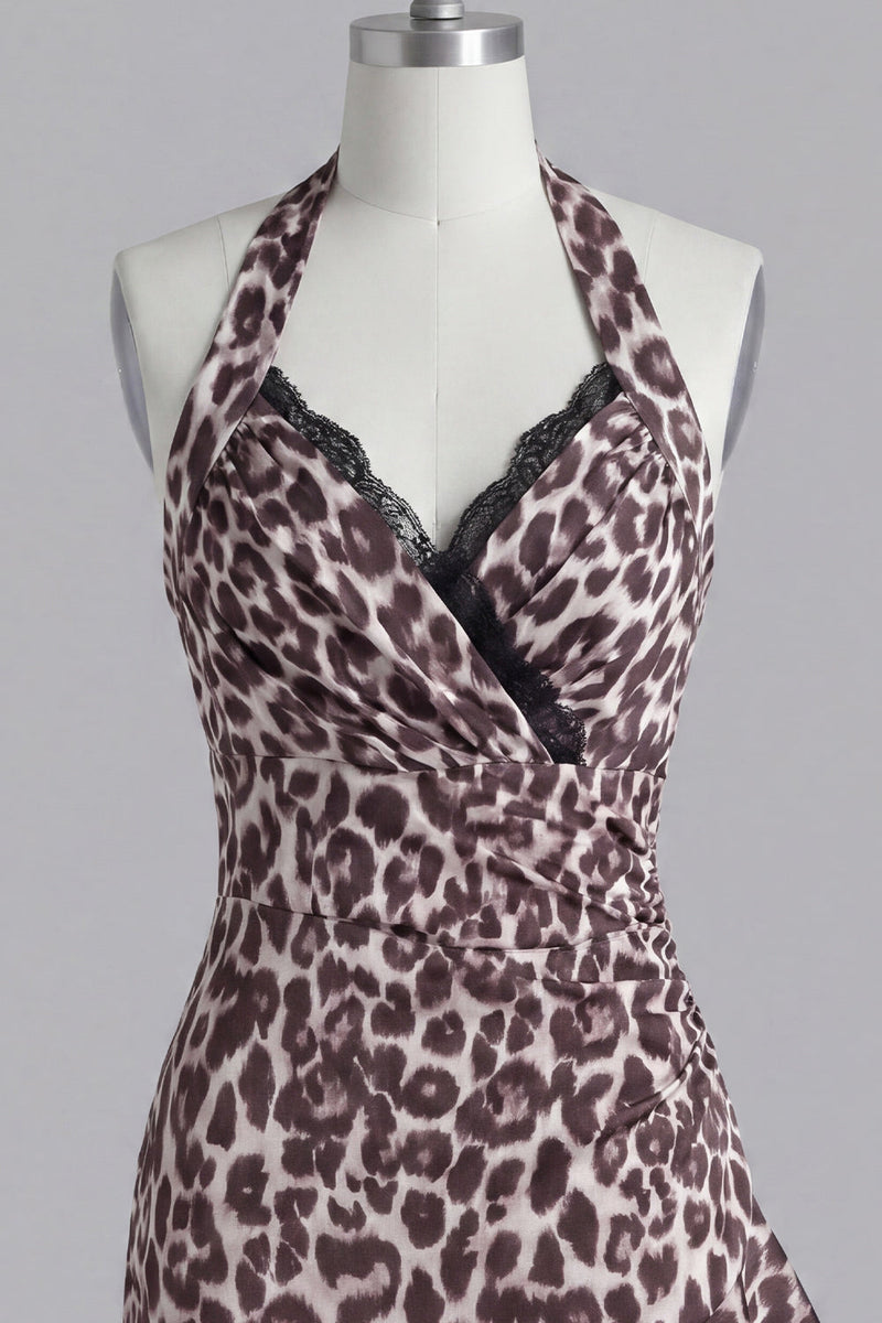Laden Sie das Bild in den Galerie-Viewer, Kurzes, enges Homecoming-Kleid mit Neckholder-Leopardenmuster mit Spitze