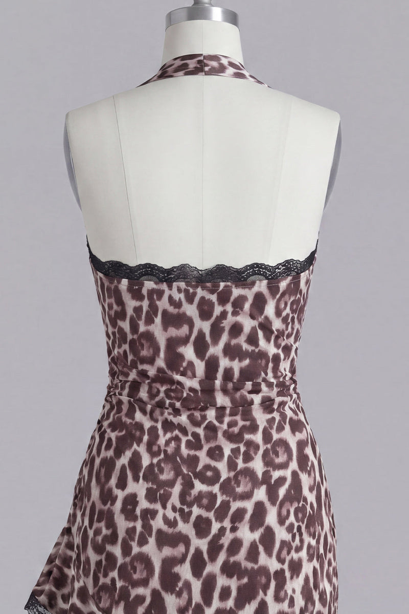 Laden Sie das Bild in den Galerie-Viewer, Kurzes, enges Homecoming-Kleid mit Neckholder-Leopardenmuster mit Spitze
