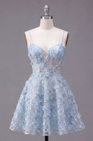 Laden Sie das Bild in den Galerie-Viewer, Glitzernde blaue Spaghettiträger, geblümte Paillette A-Linie kurzes Korsett-Homecoming-Kleid
