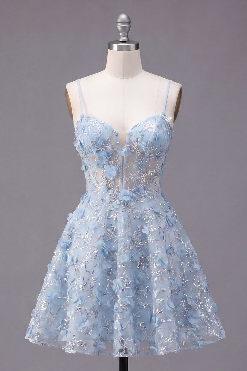 Laden Sie das Bild in den Galerie-Viewer, Glitzernde blaue Spaghettiträger, geblümte Paillette A-Linie kurzes Korsett-Homecoming-Kleid