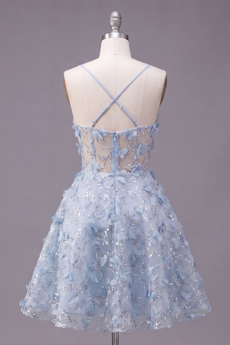 Laden Sie das Bild in den Galerie-Viewer, Glitzernde blaue Spaghettiträger, geblümte Paillette A-Linie kurzes Korsett-Homecoming-Kleid