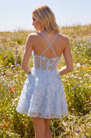 Laden Sie das Bild in den Galerie-Viewer, Glitzernde blaue Spaghettiträger, geblümte Paillette A-Linie kurzes Korsett-Homecoming-Kleid