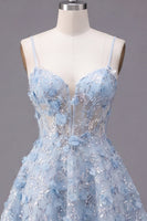 Laden Sie das Bild in den Galerie-Viewer, Glitzernde blaue Spaghettiträger, geblümte Paillette A-Linie kurzes Korsett-Homecoming-Kleid