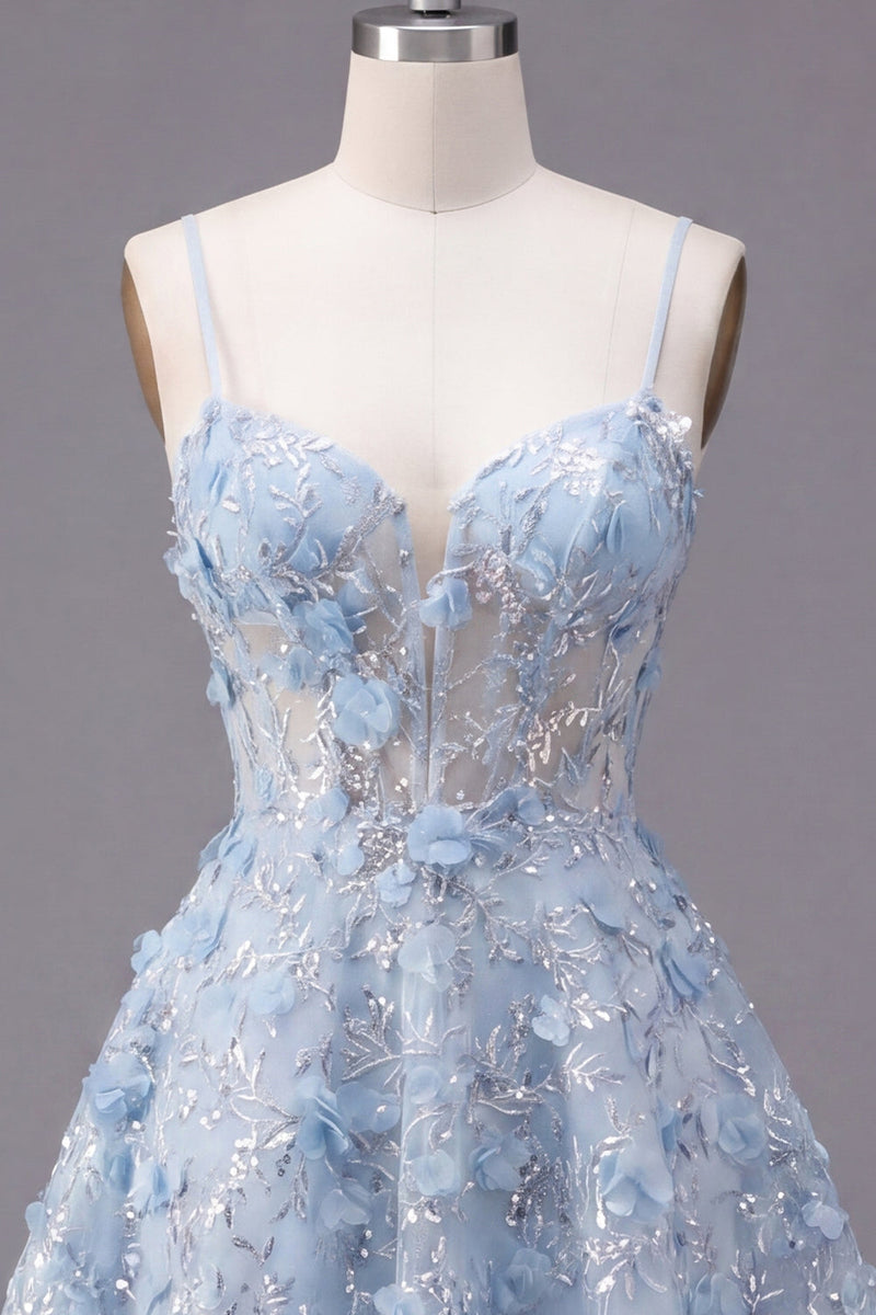 Laden Sie das Bild in den Galerie-Viewer, Glitzernde blaue Spaghettiträger, geblümte Paillette A-Linie kurzes Korsett-Homecoming-Kleid