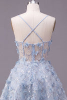 Laden Sie das Bild in den Galerie-Viewer, Glitzernde blaue Spaghettiträger, geblümte Paillette A-Linie kurzes Korsett-Homecoming-Kleid