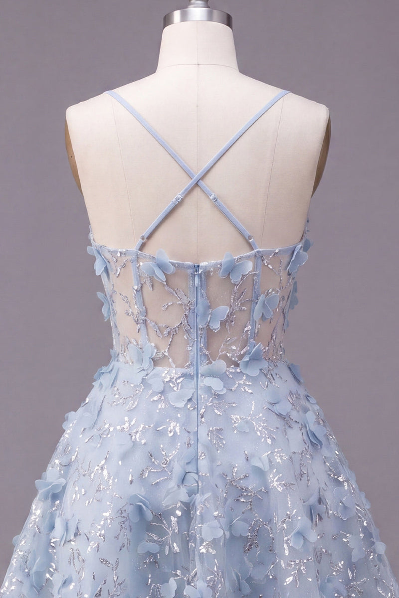 Laden Sie das Bild in den Galerie-Viewer, Glitzernde blaue Spaghettiträger, geblümte Paillette A-Linie kurzes Korsett-Homecoming-Kleid