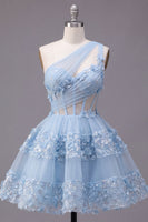Laden Sie das Bild in den Galerie-Viewer, Floral, glitzerndes blaues Pailletten-A-Linie Schlüsselloch-Korsett, kurzes Homecoming-Kleid mit Rüschen