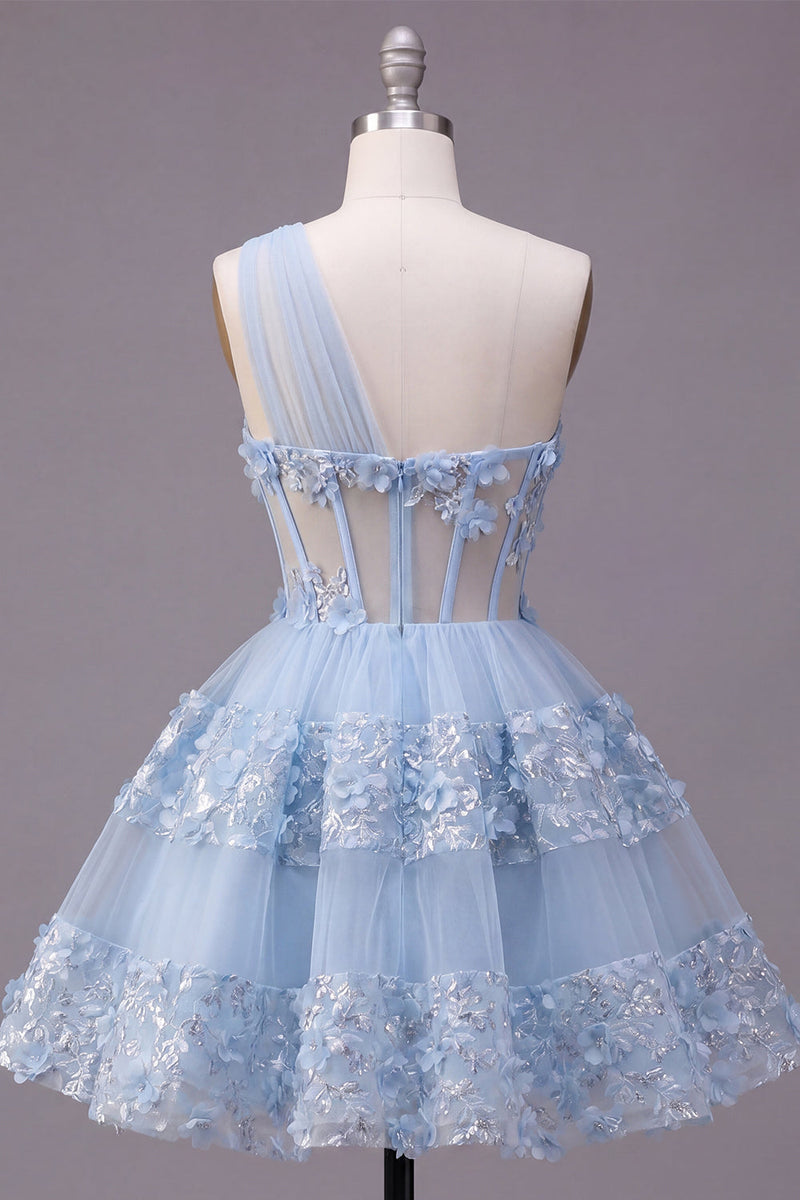 Laden Sie das Bild in den Galerie-Viewer, Floral, glitzerndes blaues Pailletten-A-Linie Schlüsselloch-Korsett, kurzes Homecoming-Kleid mit Rüschen