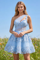 Laden Sie das Bild in den Galerie-Viewer, Floral, glitzerndes blaues Pailletten-A-Linie Schlüsselloch-Korsett, kurzes Homecoming-Kleid mit Rüschen
