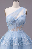 Laden Sie das Bild in den Galerie-Viewer, Floral, glitzerndes blaues Pailletten-A-Linie Schlüsselloch-Korsett, kurzes Homecoming-Kleid mit Rüschen