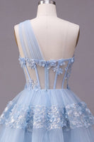 Laden Sie das Bild in den Galerie-Viewer, Floral, glitzerndes blaues Pailletten-A-Linie Schlüsselloch-Korsett, kurzes Homecoming-Kleid mit Rüschen