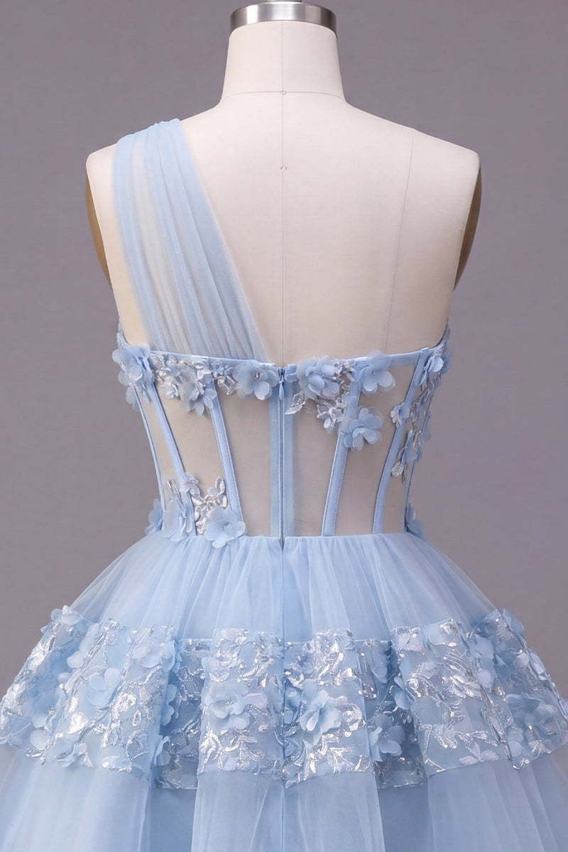 Laden Sie das Bild in den Galerie-Viewer, Floral, glitzerndes blaues Pailletten-A-Linie Schlüsselloch-Korsett, kurzes Homecoming-Kleid mit Rüschen